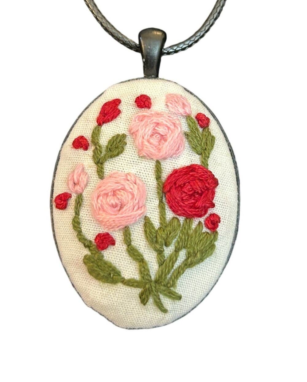 Pink Rose Garden Embroidery Necklace Handmade Pendant Jewelry
